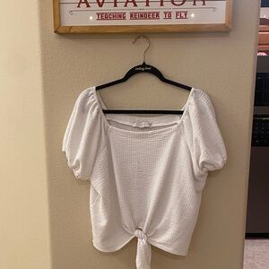 LOFT White Textured Top with Tie Front